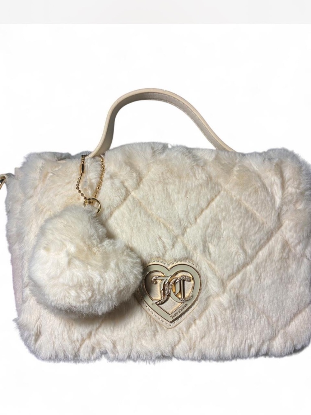 Juicy Couture Faux Fur Cream Top-Handle Bag with Heart Logo Charm